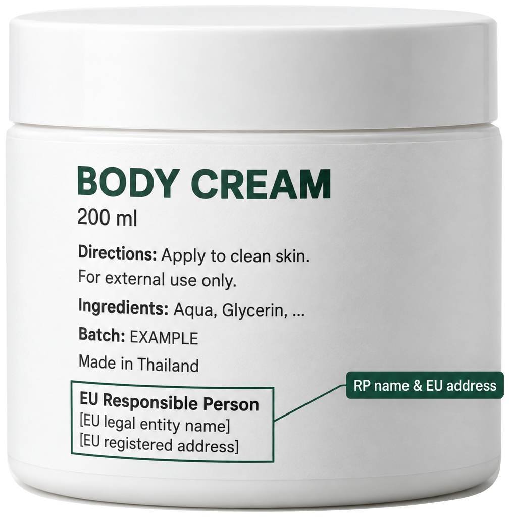 Cosmetic cream jar with EU Responsible Person name and address highlighted